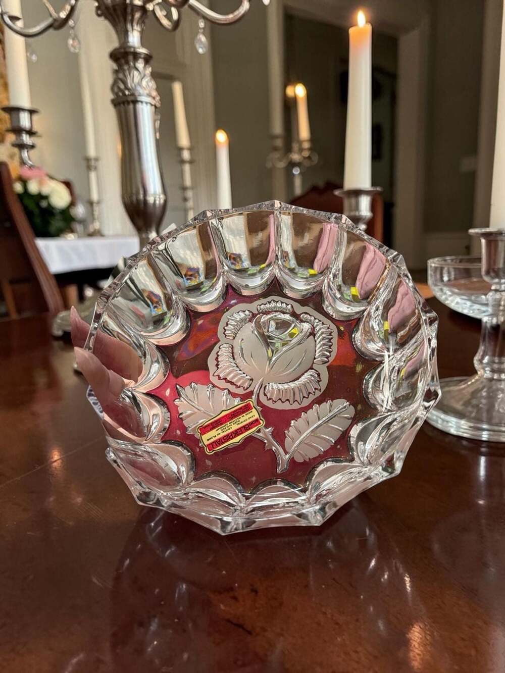 6” Vintage Red & Clear Etched Glass Flower Rose Trinket Candy Dish Bowl